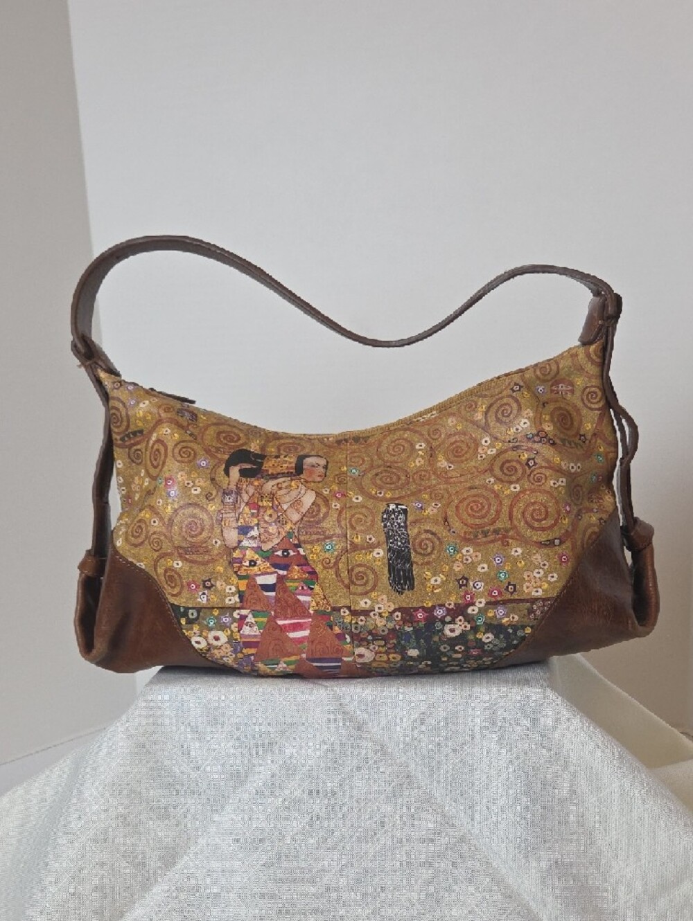 ICON Mustard Yellow Shoulder Bag with Brown Trim and Decorative Print - Picture 2 of 9
